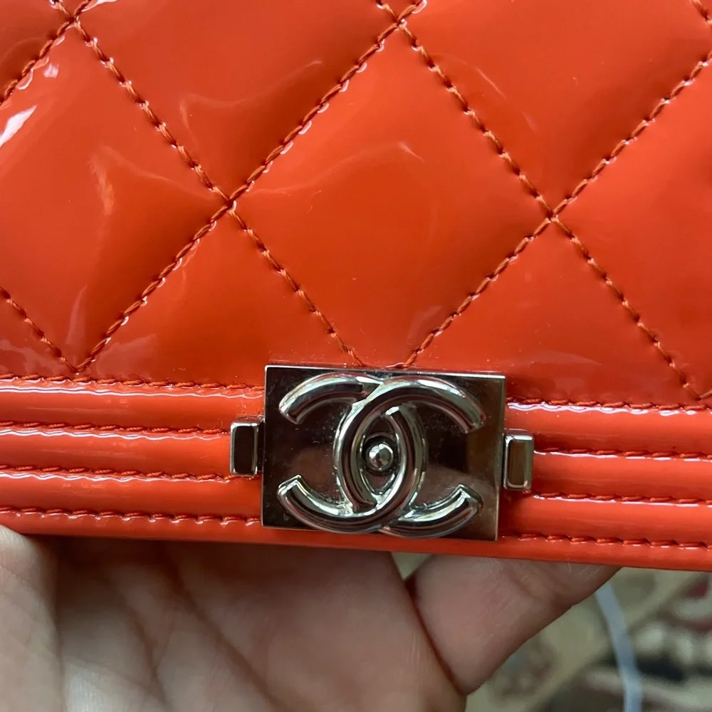 CHANEL Orange Quilted Patent Leather Crossbody Bag